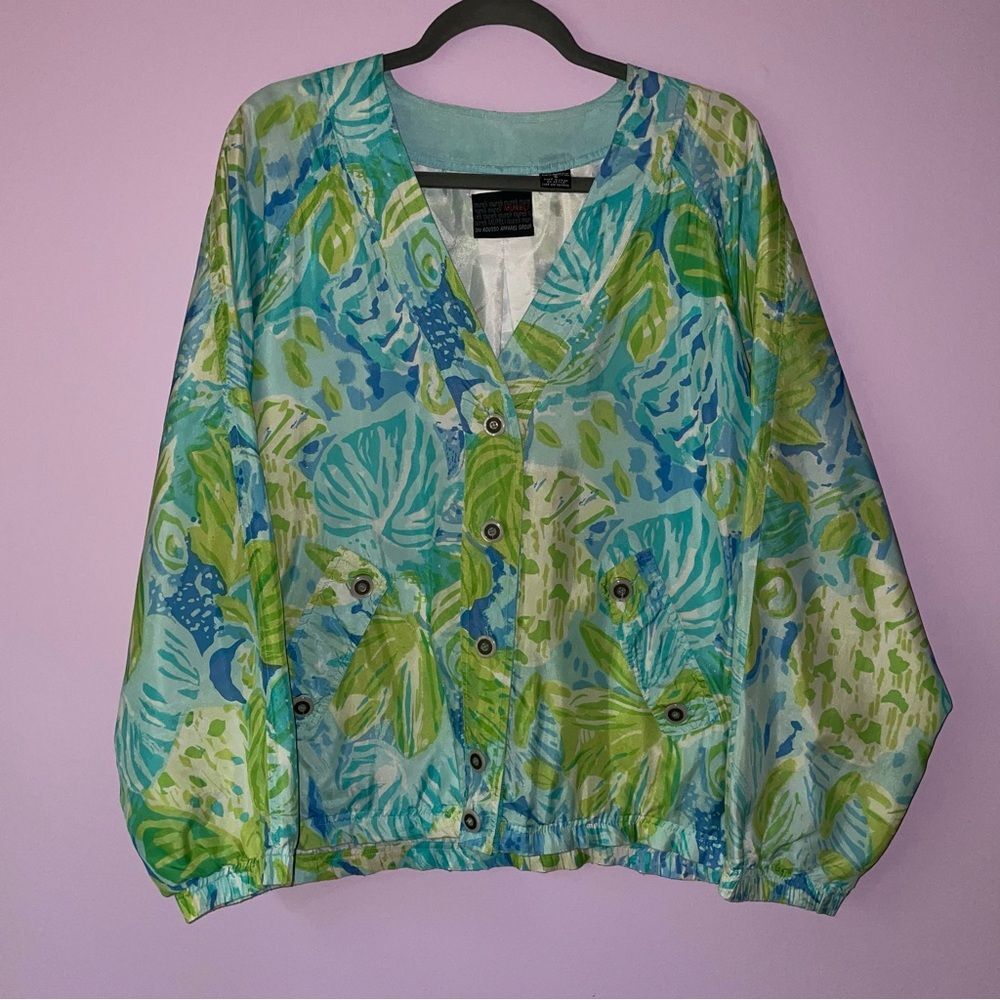 Vtg Mureli 100% Silk Jacket Tropical Leaf Print Button V Neck Cardigan